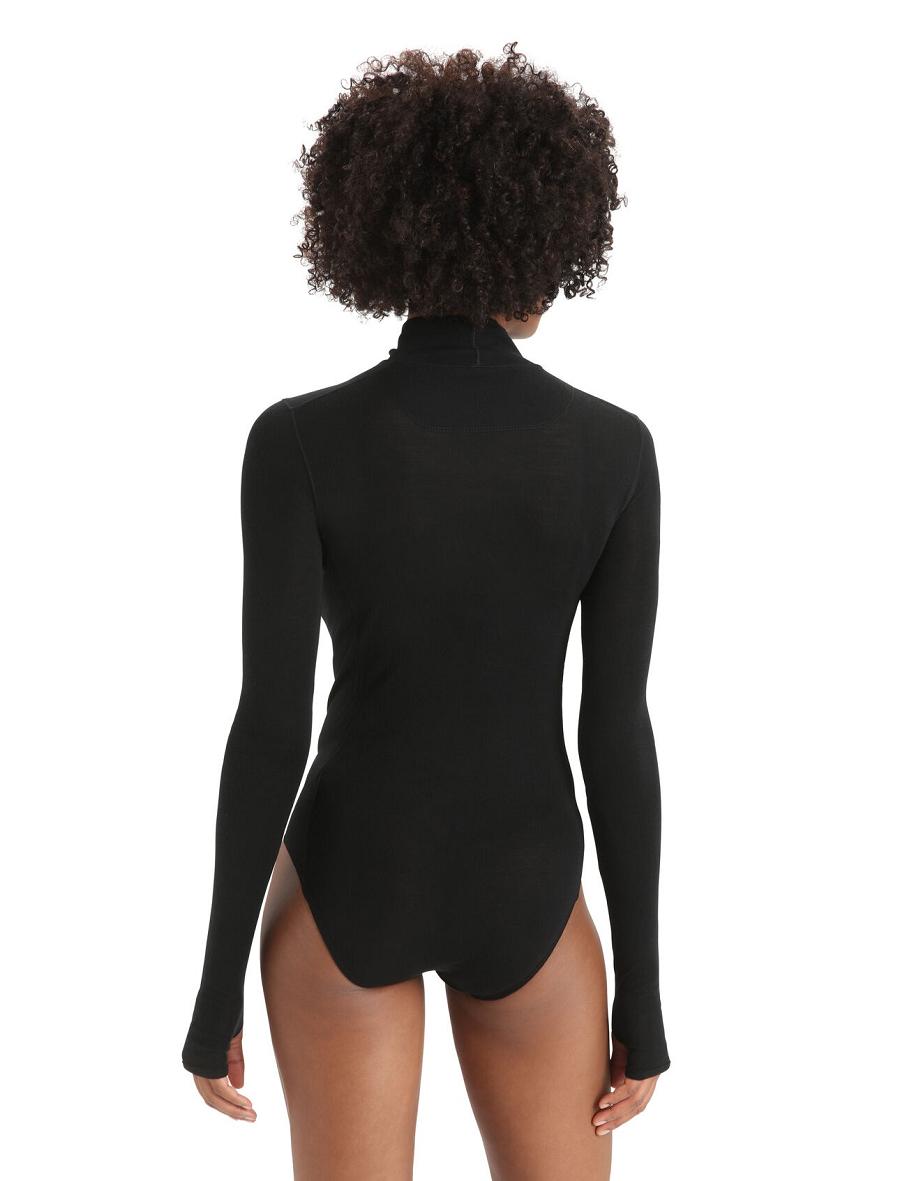 Black Women's Icebreaker Merino Queens Long Sleeve High Neck Bodysuit Underwear | USA 1701TCEV